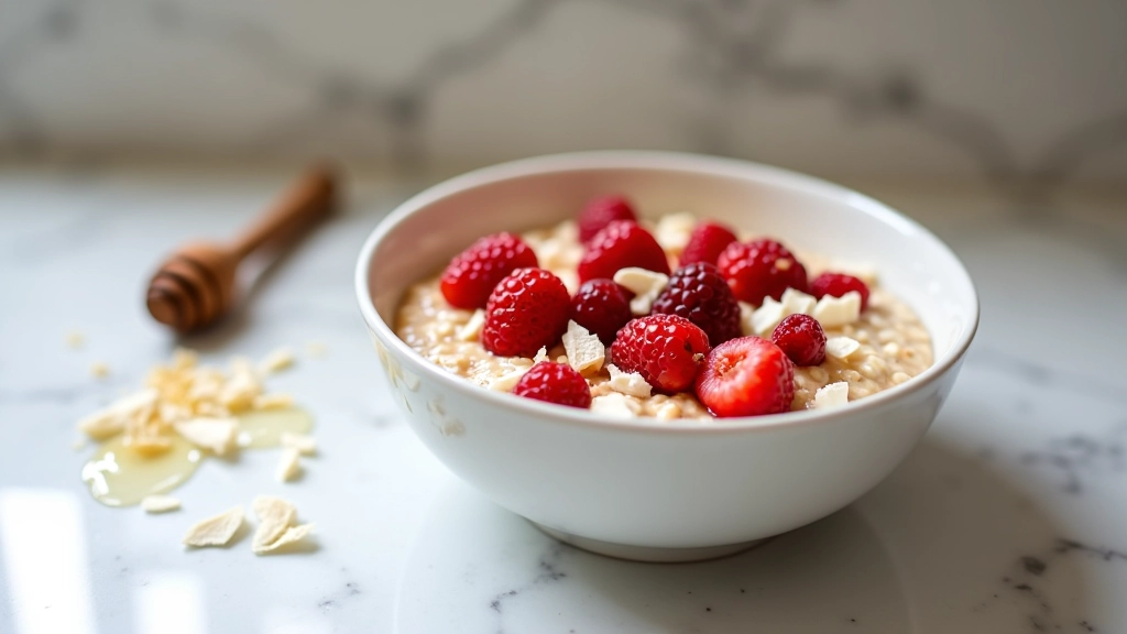 Tigela de overnight oats com aveia, leite, frutas vermelhas e mel, pronta para comer de manhã