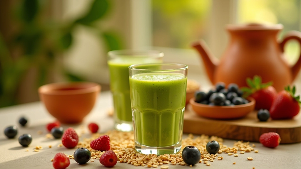 Mesa de pequeno-almoço com smoothie verde, tigela de frutas e granola num ambiente ensolarado português