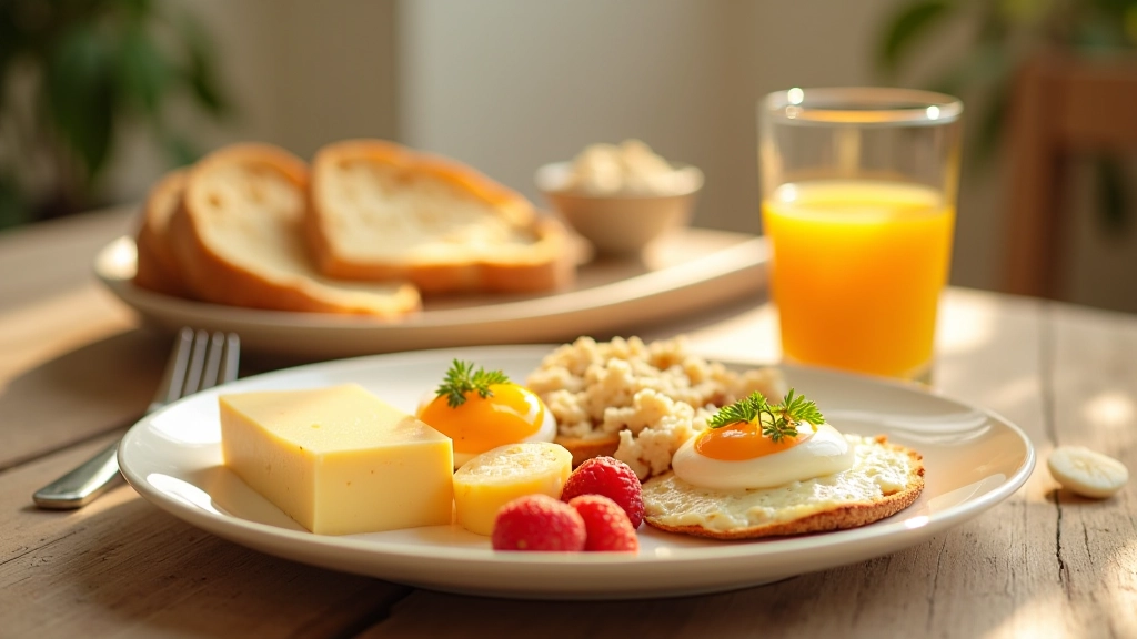 Mesa de pequeno-almoço português com queijo, pão tostado, ovos escalfados e sumo de laranja natural