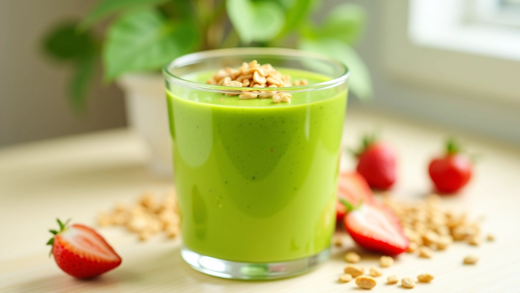 Smoothie verde em copo de vidro com morangos frescos e granola no topo, colocado sobre uma mesa de madeira clara